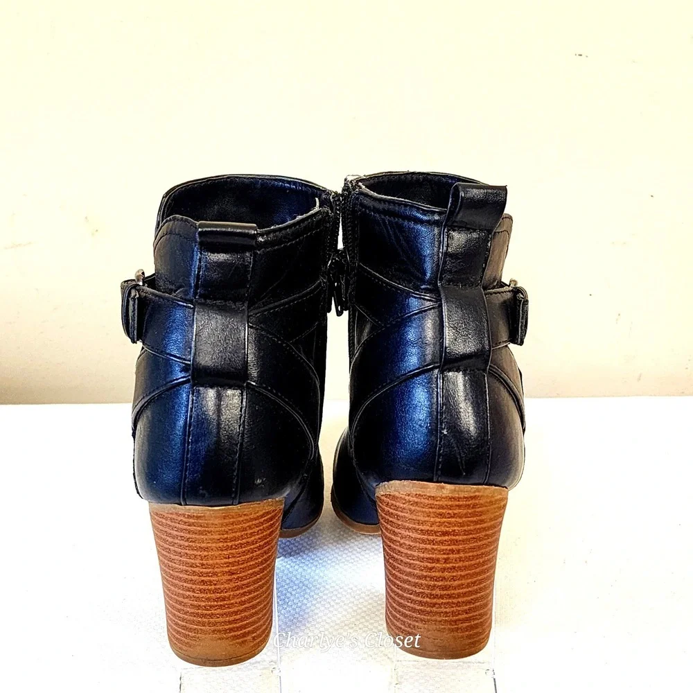 Casual Ankle Boots 8 Black Block Heel Buckle Rustic Boho Biker Mountain‎